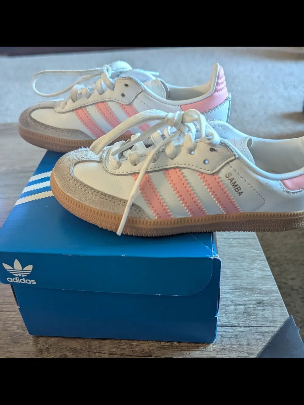 adidas Kids Samba Sneakers - White with Pink Stripes and Gum Sole